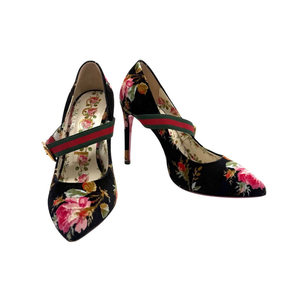 Gucci Sylvie Pointy Toe Mary‎ Jane Pump Floral Velvet Size 37.5